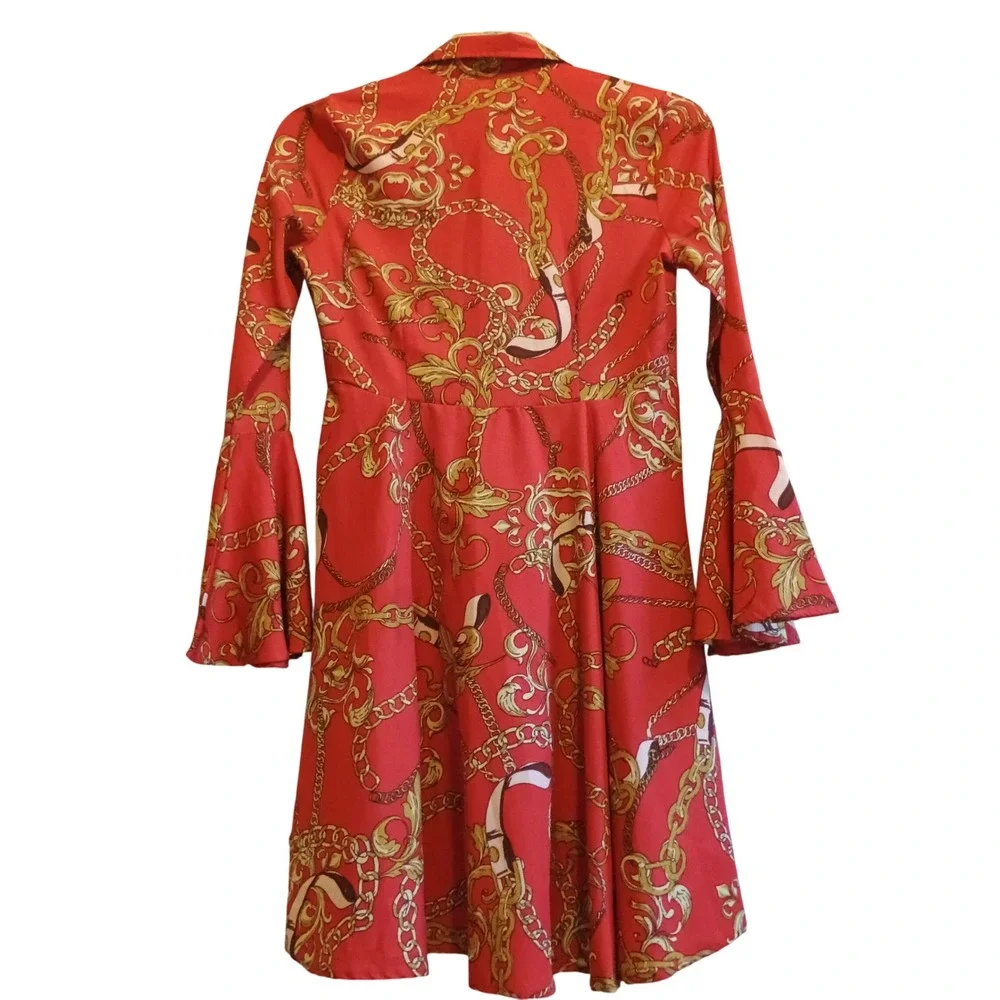 Truth Small VERSACE Inspired Chain Print Hi‎ Low Shirt Dress Tunic Red Gold S - Picture 4 of 15